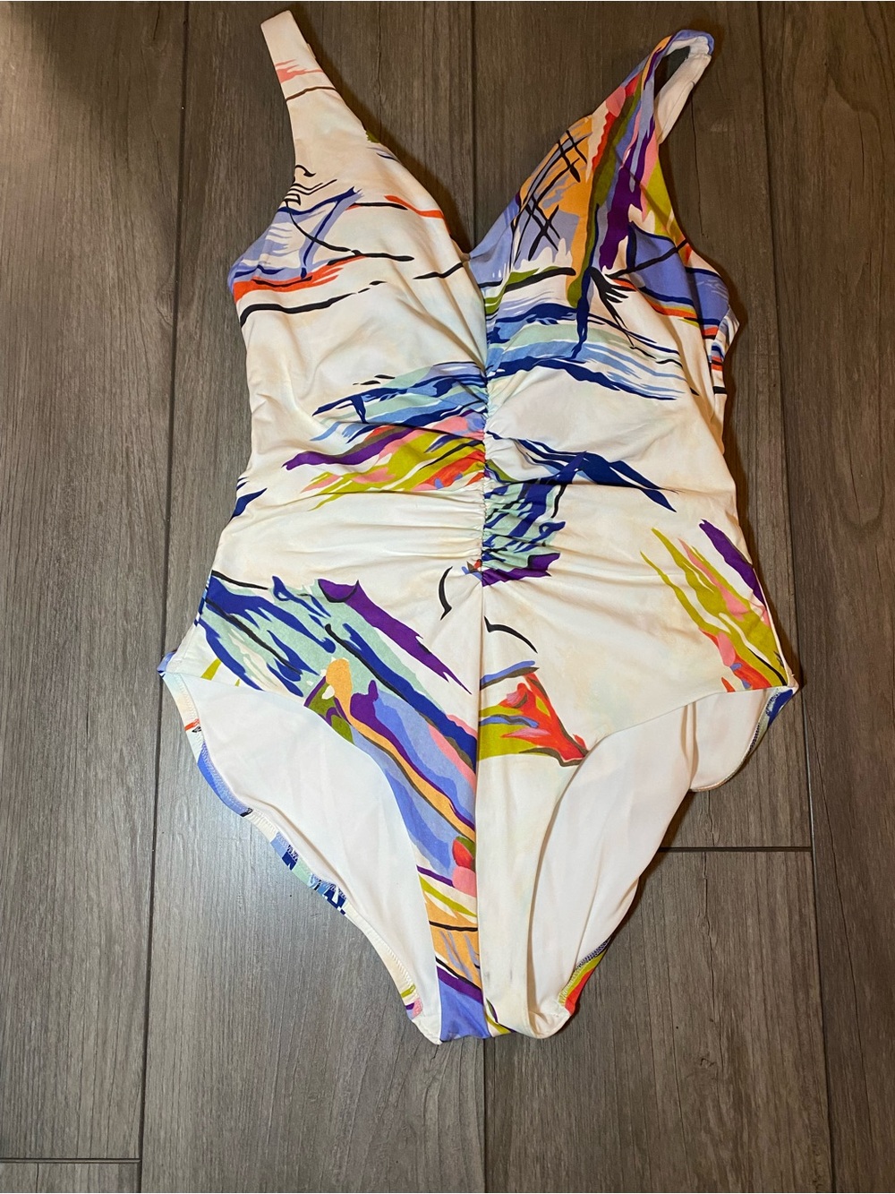 EUC CALIA Women's Ruched One Piece Swimsuit Colorful Abstract Tahitian Print